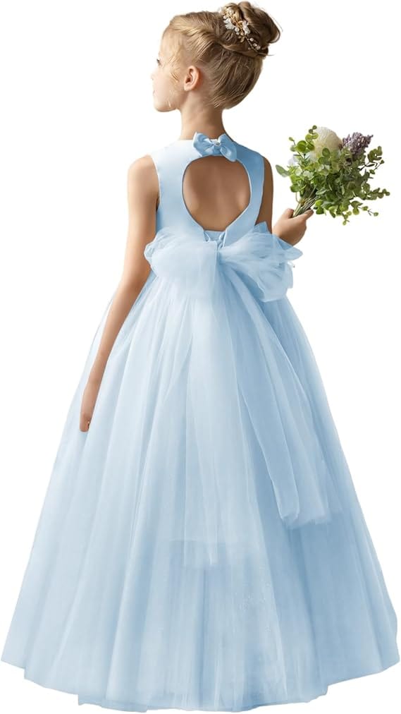 18m / Light Blue Sunnypetal Flower Girl Dress Puffy Satin Tulle/Satin Princess Bow Ball Gown
