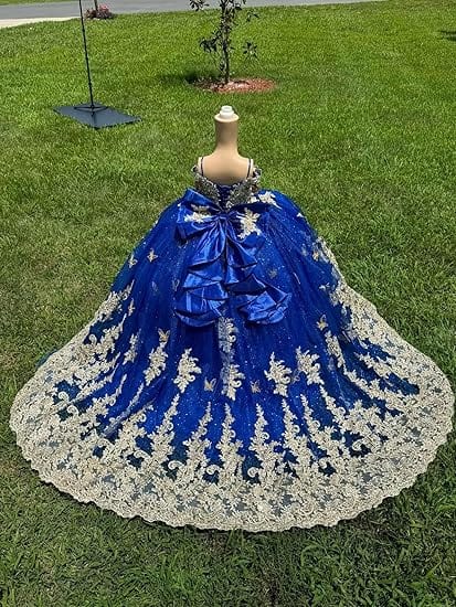 Sunnypetal Royal Blue Embroidered Ball Gown Flower Girl Pageant Dress with  Bow
