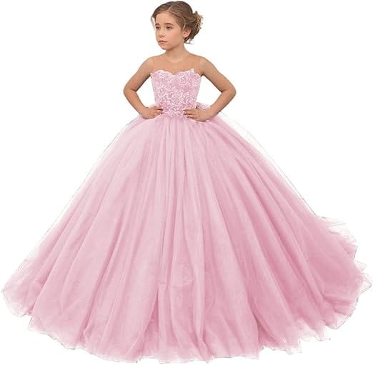 2 / Pink Sunnypetal Long Tulle Flower Girl Dress for Wedding Lace Applique Princess Pageant Dresses