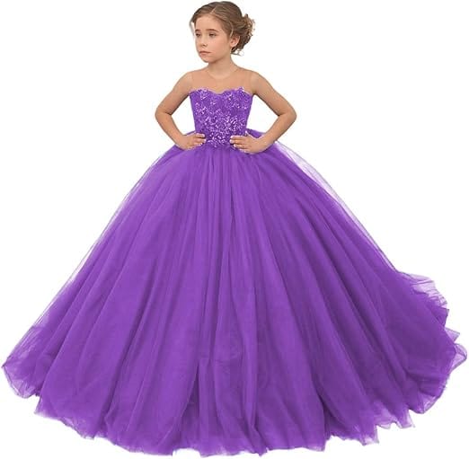 2 / Purple Sunnypetal Long Tulle Flower Girl Dress for Wedding Lace Applique Princess Pageant Dresses