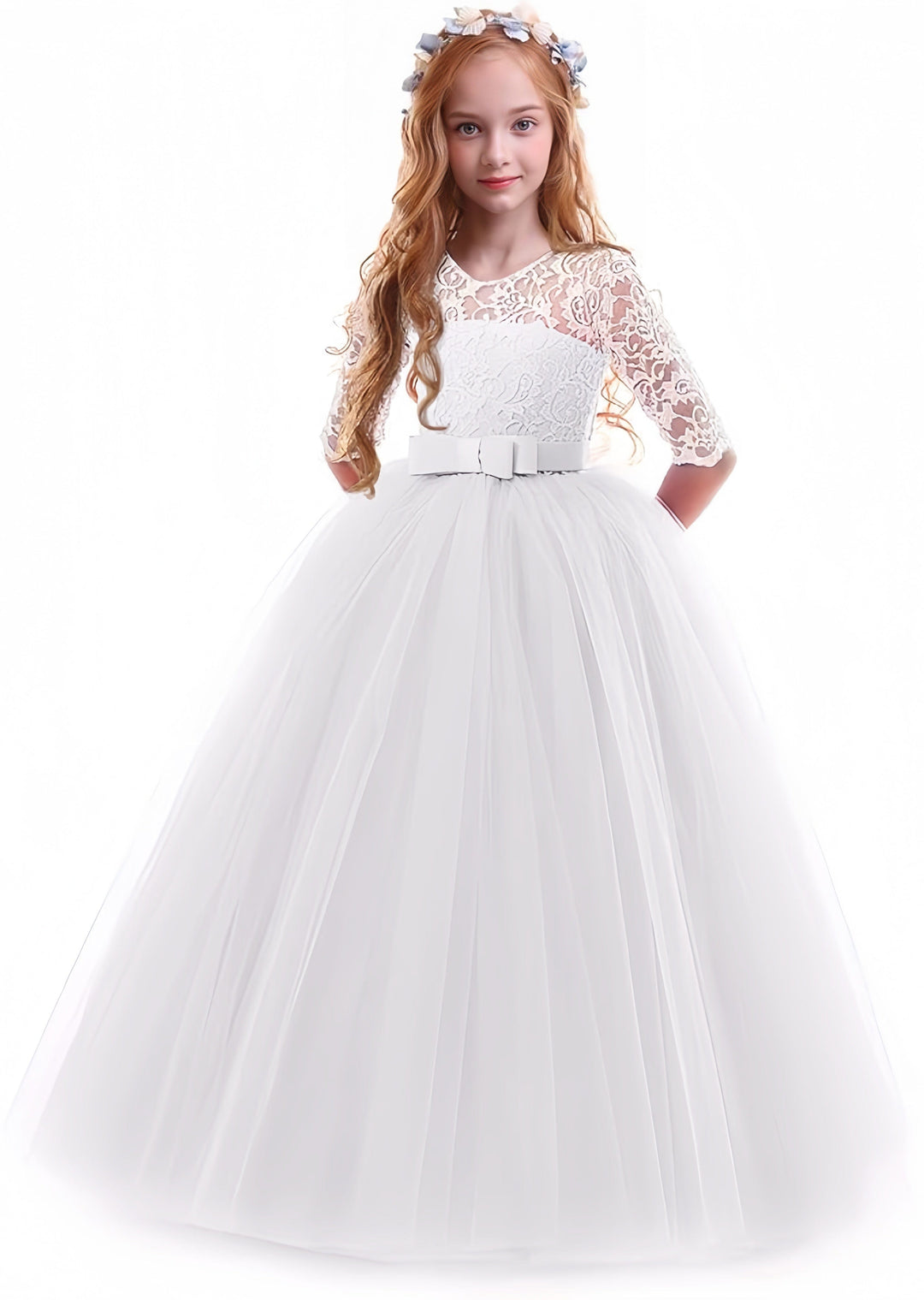 2 / White Sunnypetal Flower Girls Dress Vintage Floral Lace 3/4 Sleeves Floor Length Ball Gown