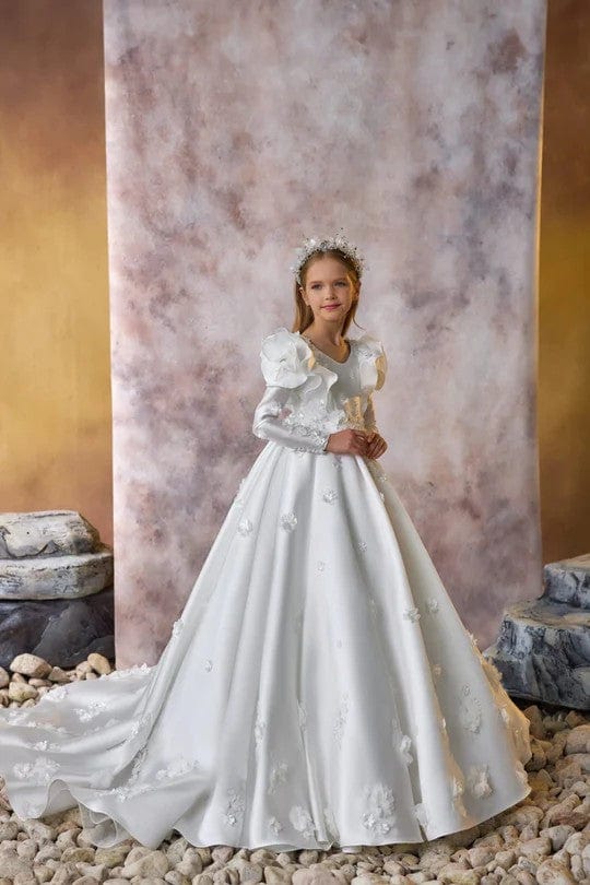 2 / White Sunnypetal White Exquisite Satin Flower Girl Dresses Long Sleeves Communion Dress With 3D Floral