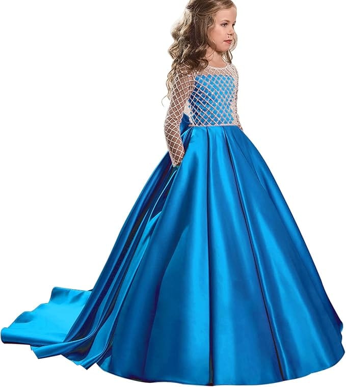 3 / Blue Sunnypetal Flower Girl Dress Long Sleeves Satin Button Draped Tulle Ball Gowns for Kids