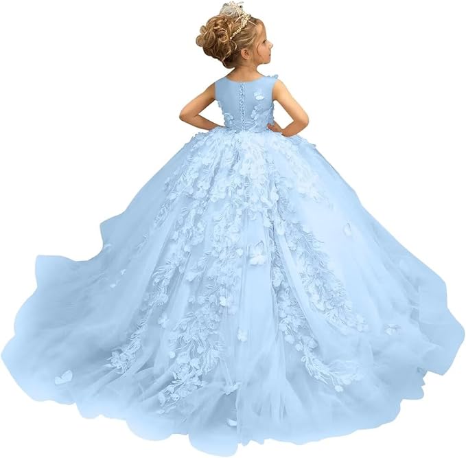 3 / Light Blue Sunnypetal Puffy Tulle Flower Girl Dress Appliques 3D Butterfly Pageant Party Princess Dresses
