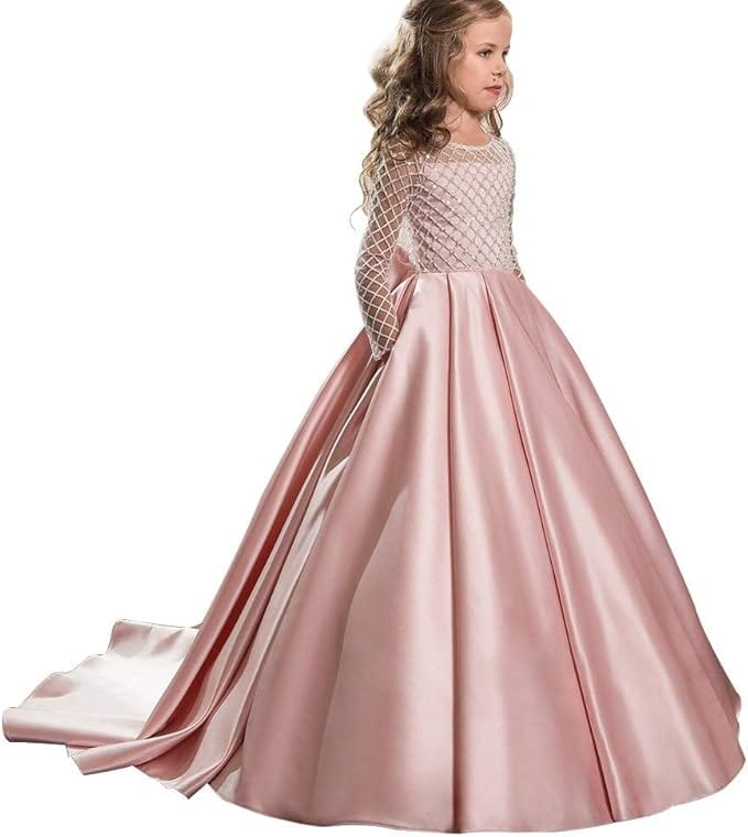 3 / Pink Sunnypetal Flower Girl Dress Long Sleeves Satin Button Draped Tulle Ball Gowns for Kids