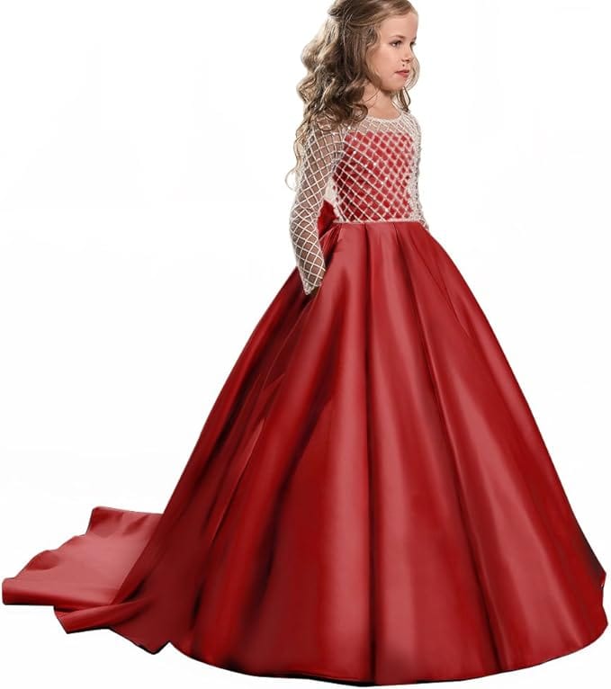 3 / Red Sunnypetal Flower Girl Dress Long Sleeves Satin Button Draped Tulle Ball Gowns for Kids