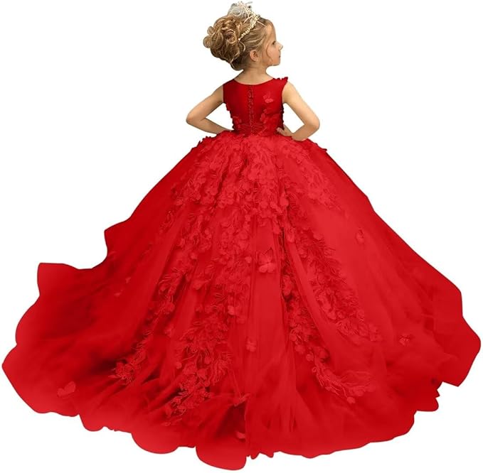 3 / Red Sunnypetal Puffy Tulle Flower Girl Dress Appliques 3D Butterfly Pageant Party Princess Dresses