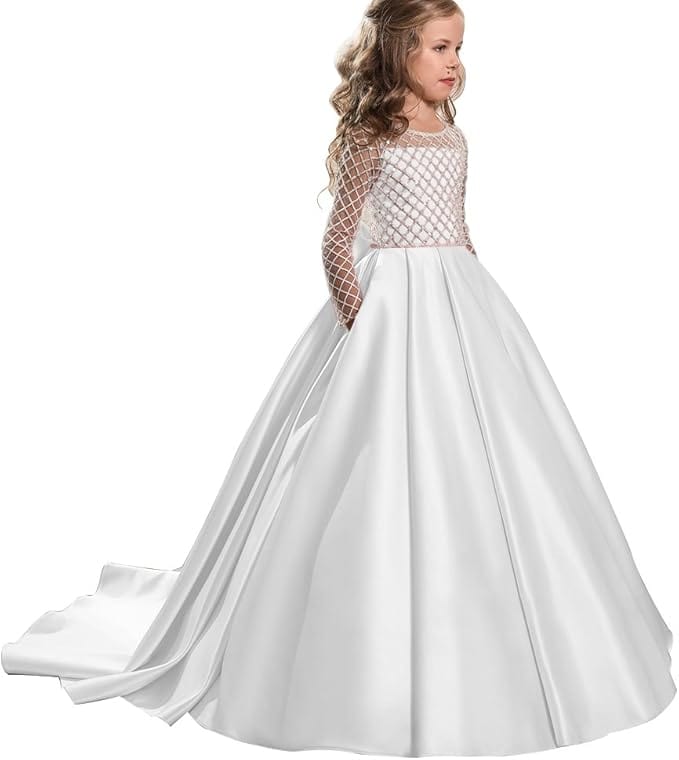3 / White Sunnypetal Flower Girl Dress Long Sleeves Satin Button Draped Tulle Ball Gowns for Kids