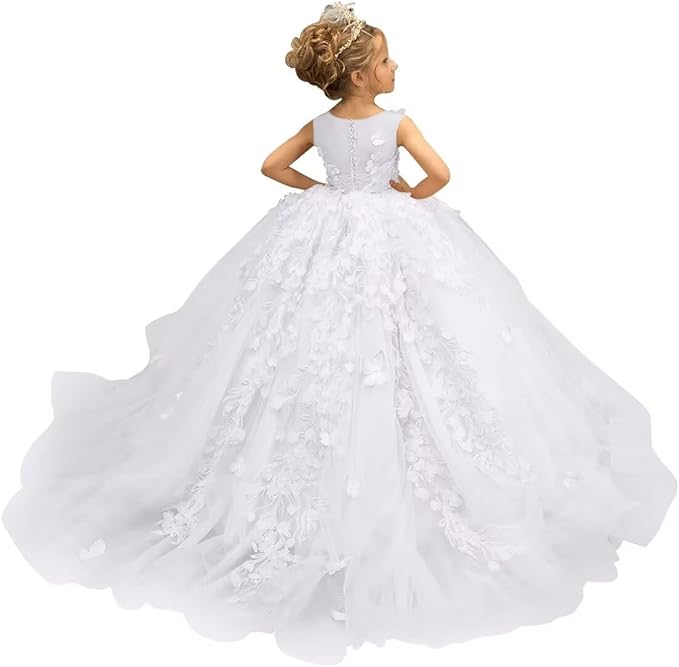 3 / White Sunnypetal Puffy Tulle Flower Girl Dress Appliques 3D Butterfly Pageant Party Princess Dresses