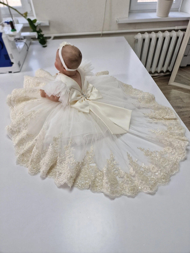 3m / All Ivory Sunnypetal White Lace Baby Toddler Baptism Dresses with Feathers / Pearls / Bow