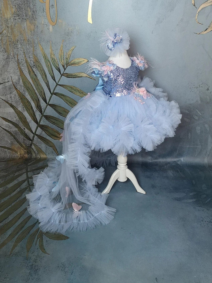 3m / Baby Blue Sunnypetal Baby Blue Feather Sleeve Tulle Flower girl Dress with 3D Butterfly Train