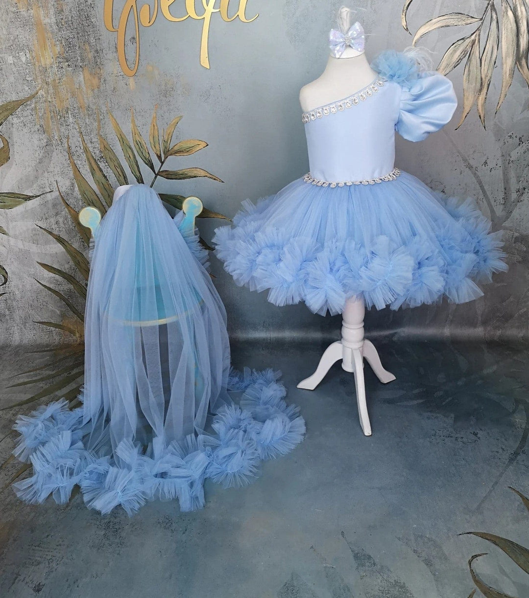 3m / Baby Blue Sunnypetal Baby Blue One-Shoulder Puff Sleeve Flower Girl Gown with Detachable Train