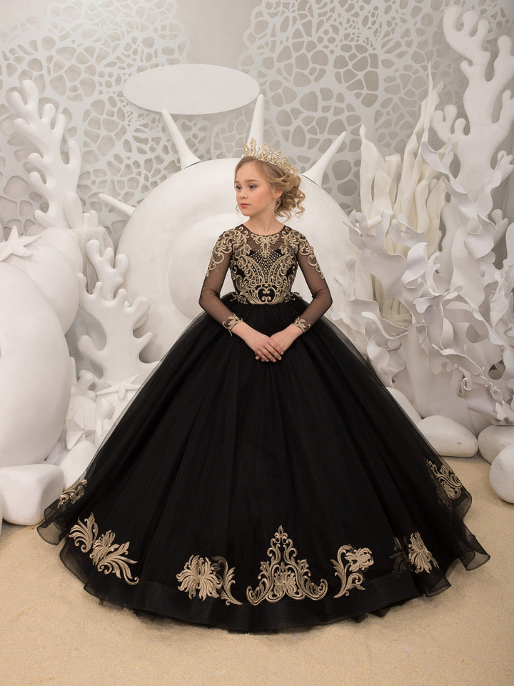 3m / Balck Sunnypetal Black Long Sleeves Gold Embroidery Appliques Tulle Flower Girl Dresses