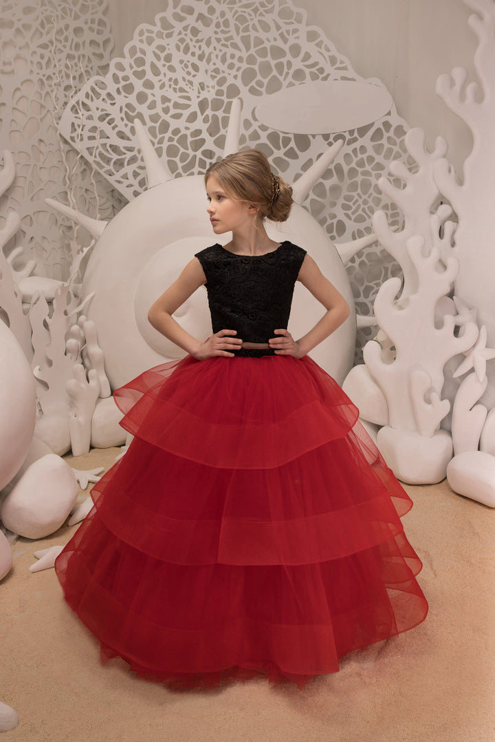 3m / Black and Red Sunnypetal Black Lace Applique Bodice Red Puffy Tulle Flower Girl Dresses