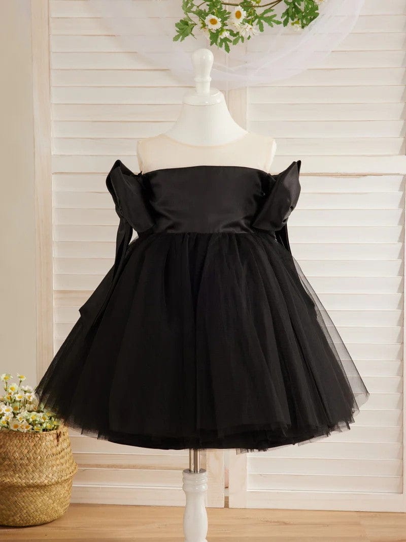 3m / Black Sunnypetal Back Off-Shoulder Bows Knee-Length Tulle Flower Girl Dresses for Wedding