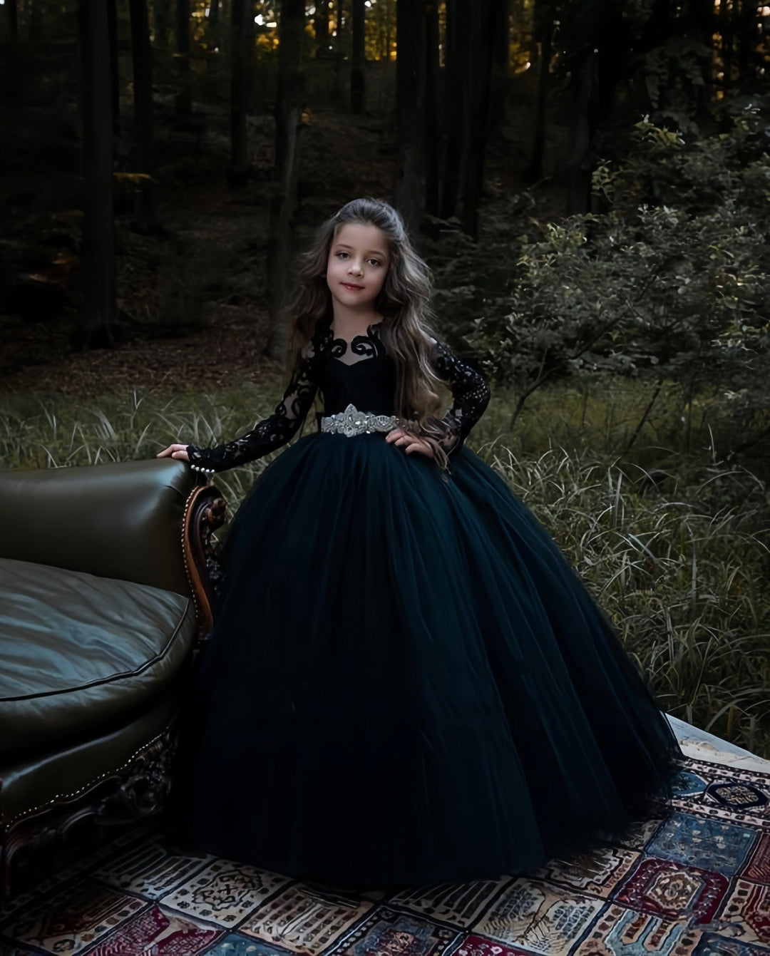 3m / Black Sunnypetal Black Lace Appliques Flower Girl Dress Long Princess Tulle Ball-Gown