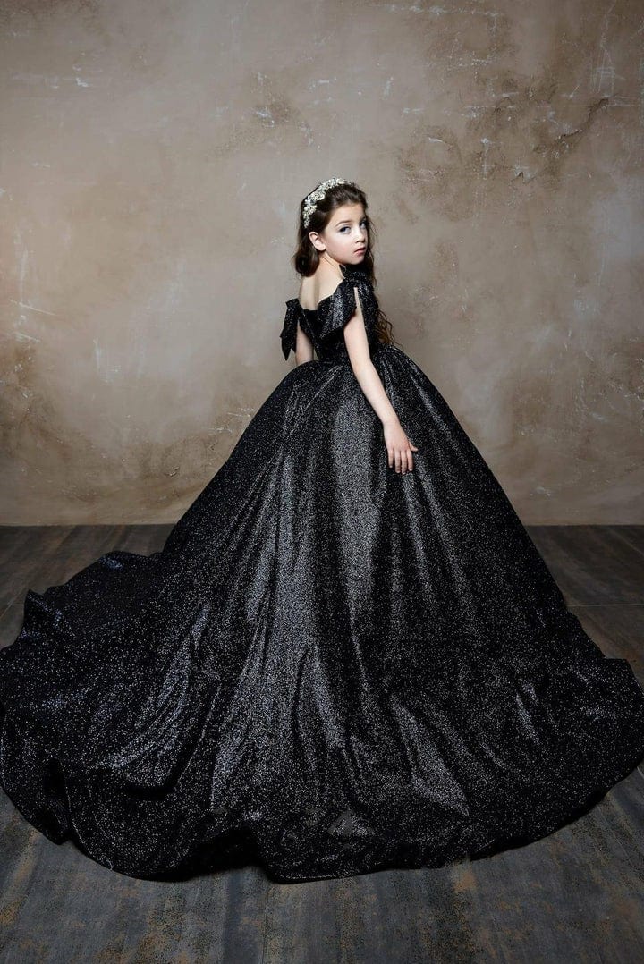 3m / Black Sunnypetal Black Off-The-Shoulder Bows Glitter Girl Ball Gown with Chapel Train