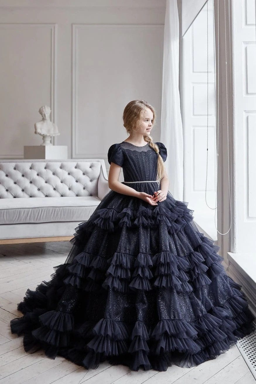 blue dress for baby girl Sunnypetal Black Puffy Tulle Sparkling Ruffled Flower Girl Ball Gown D –  sunnypetal