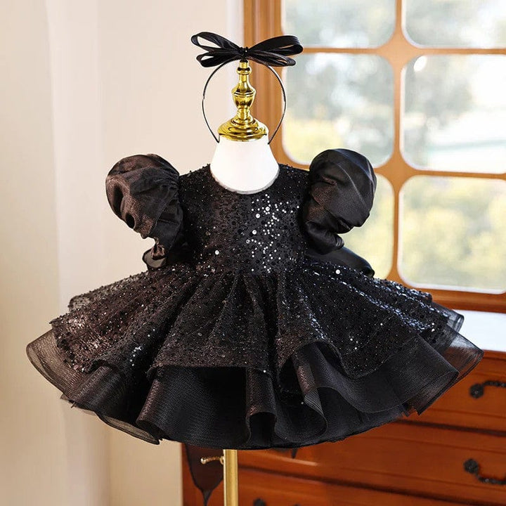 3m / Black Sunnypetal Black Sequin Puff Sleeves Knee-Length Flower Girl Dresses with Bow