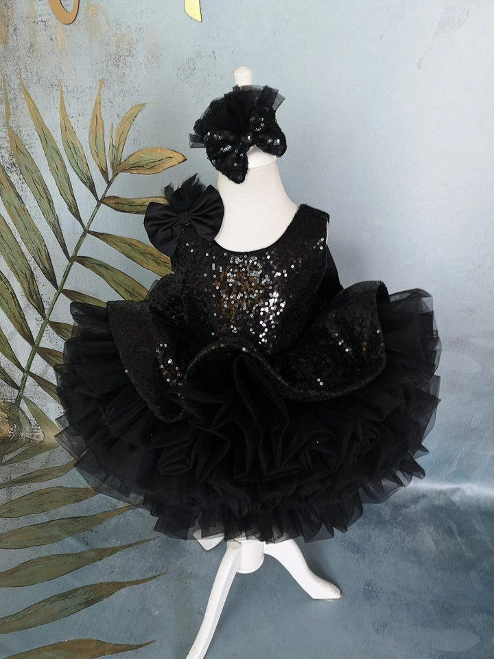 3m / Black Sunnypetal Black Sleeveless Sequin Knee-Length Flower Girl Dresses with Satin Bow