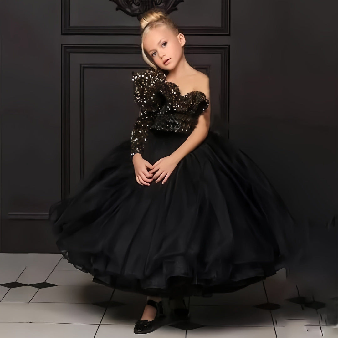 3m / Black Sunnypetal Elegant Black Sequined Tulle One-Shoulder Long Ball Gown Flower Girl Dresses