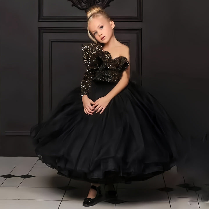 3m / Black Sunnypetal Elegant Black Sequined Tulle One-Shoulder Long Ball Gown Flower Girl Dresses