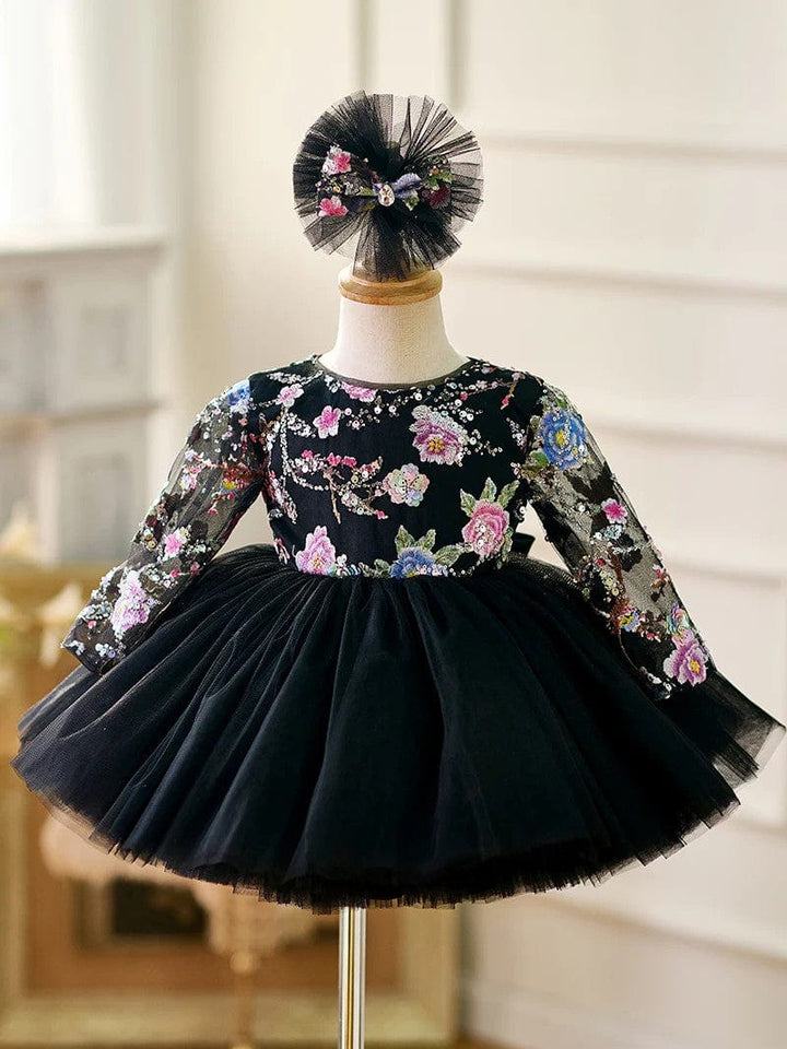 3m / Black Sunnypetal Lilac Long Sleeves Floral Embroidery Puff Tulle Flower Girl Dresses