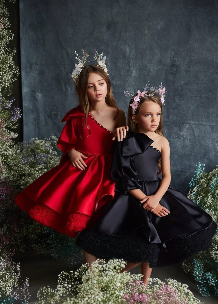 3m / Black Sunnypetal Off-The-Shoulder Single Sleeve Bow Satin Knee-Length Flower Girl Dresses