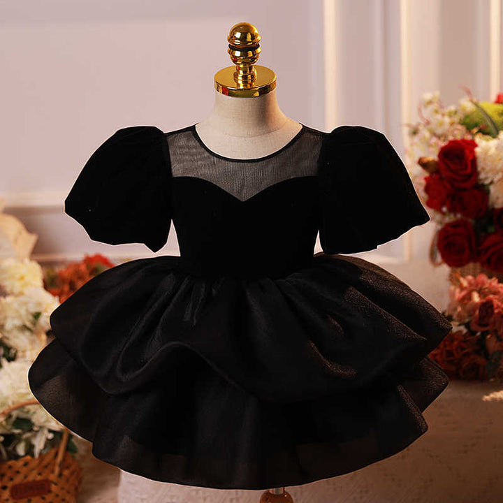 3m / Black Sunnypetal Vintage-Inspired Black Velvet Flower Girl Dress with Puff Sleeves