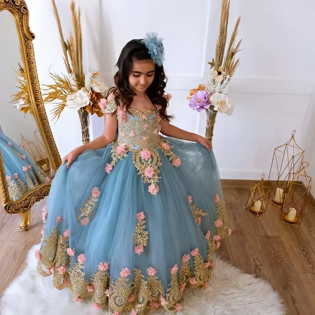 3m / Blue as image Sunnypetal Gorgeous Gold Appliques Floral Quinceanera Birthday Prom Long Flower Girl Dress