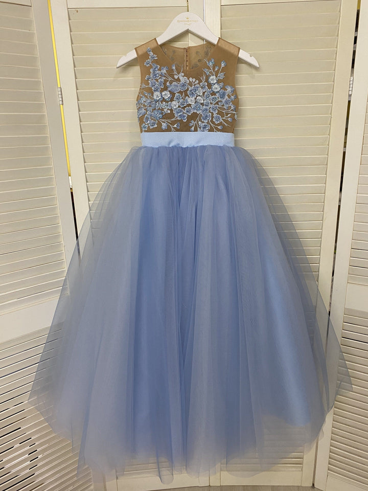 3m / Blue Sunnypetal Ball-Gown 3D Floral Appliques Bodice Floor-Length Puffy Tulle Flower Girl Dresses