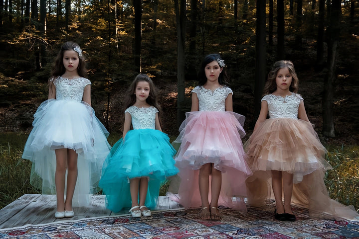 3m / Blue Sunnypetal Cap Sleeves V Back Lace Appliques High-Low Flower Girl Dress