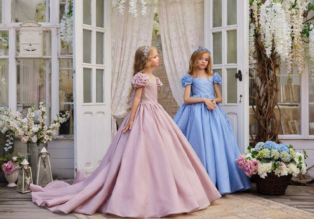 3m / Blue Sunnypetal Dreamy Glitter Tulle Flower Girl Ball Gown with Pleated Sleeves & Sweetheart Neckline