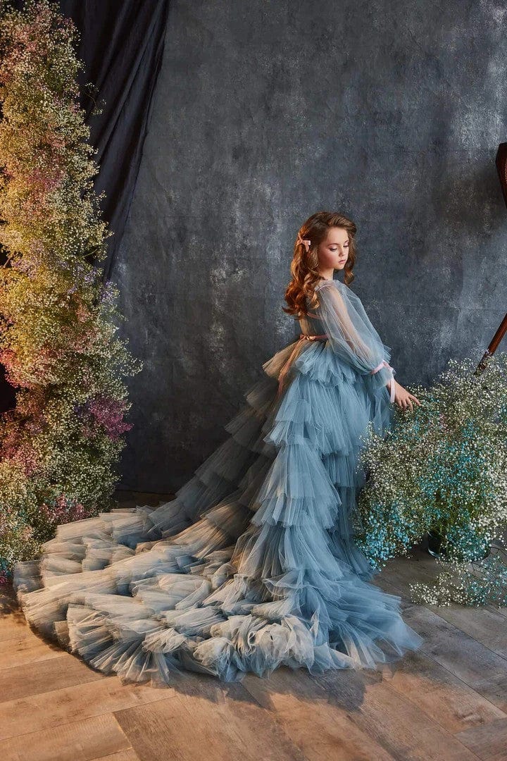 3m / Blue Sunnypetal Dreamy High-Low Ruffle Skirt Flower Girl Dresses for Special Occasion