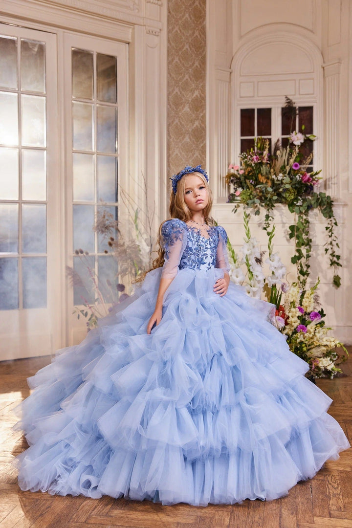 3m / Blue Sunnypetal Dreamy Puff Tulle Kids Pageant Flower Girl Dresses Fairytale Princess Gown