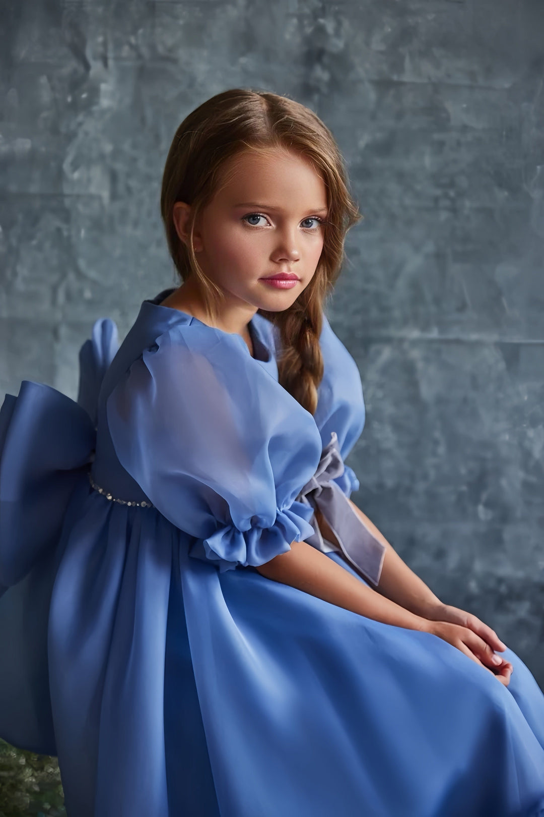 3m / Blue Sunnypetal Elegant Ankle-Length Puff Sleeves Flower Girl Dresses with Big Bow