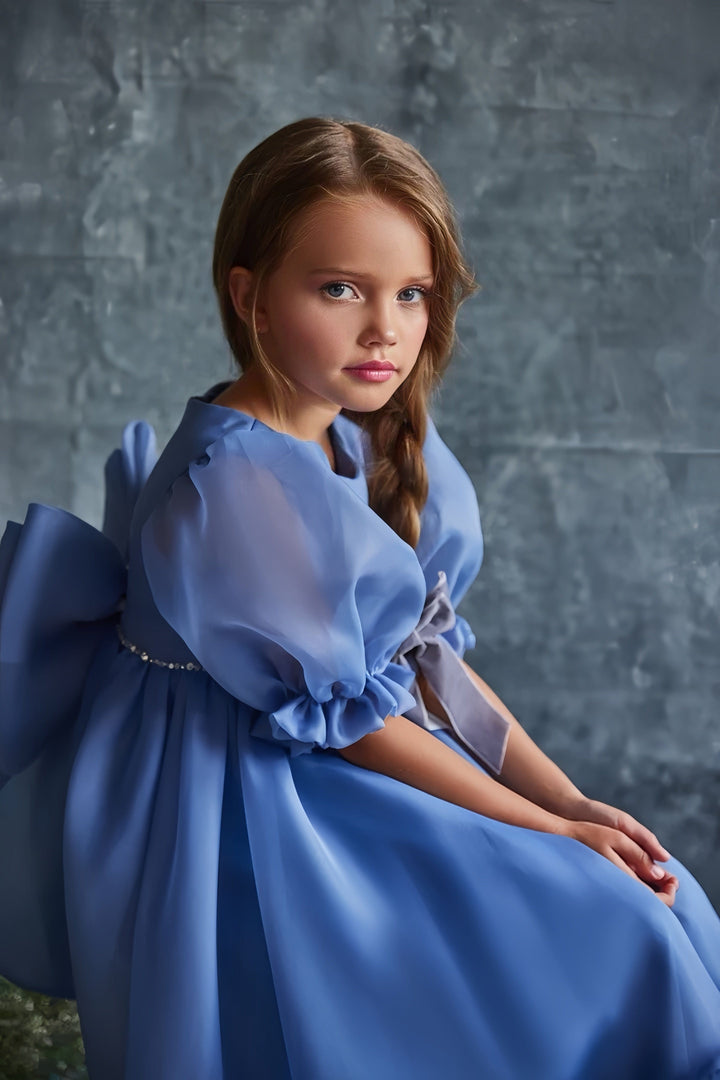 3m / Blue Sunnypetal Elegant Ankle-Length Puff Sleeves Flower Girl Dresses with Big Bow