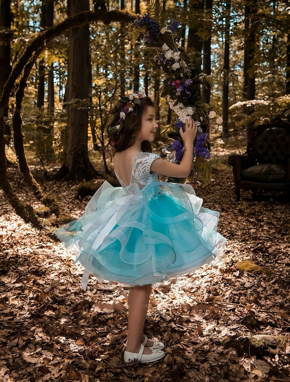 3m / Blue Sunnypetal Enchanted Floral Appliqué Tulle Ball Gown for Little Princesses