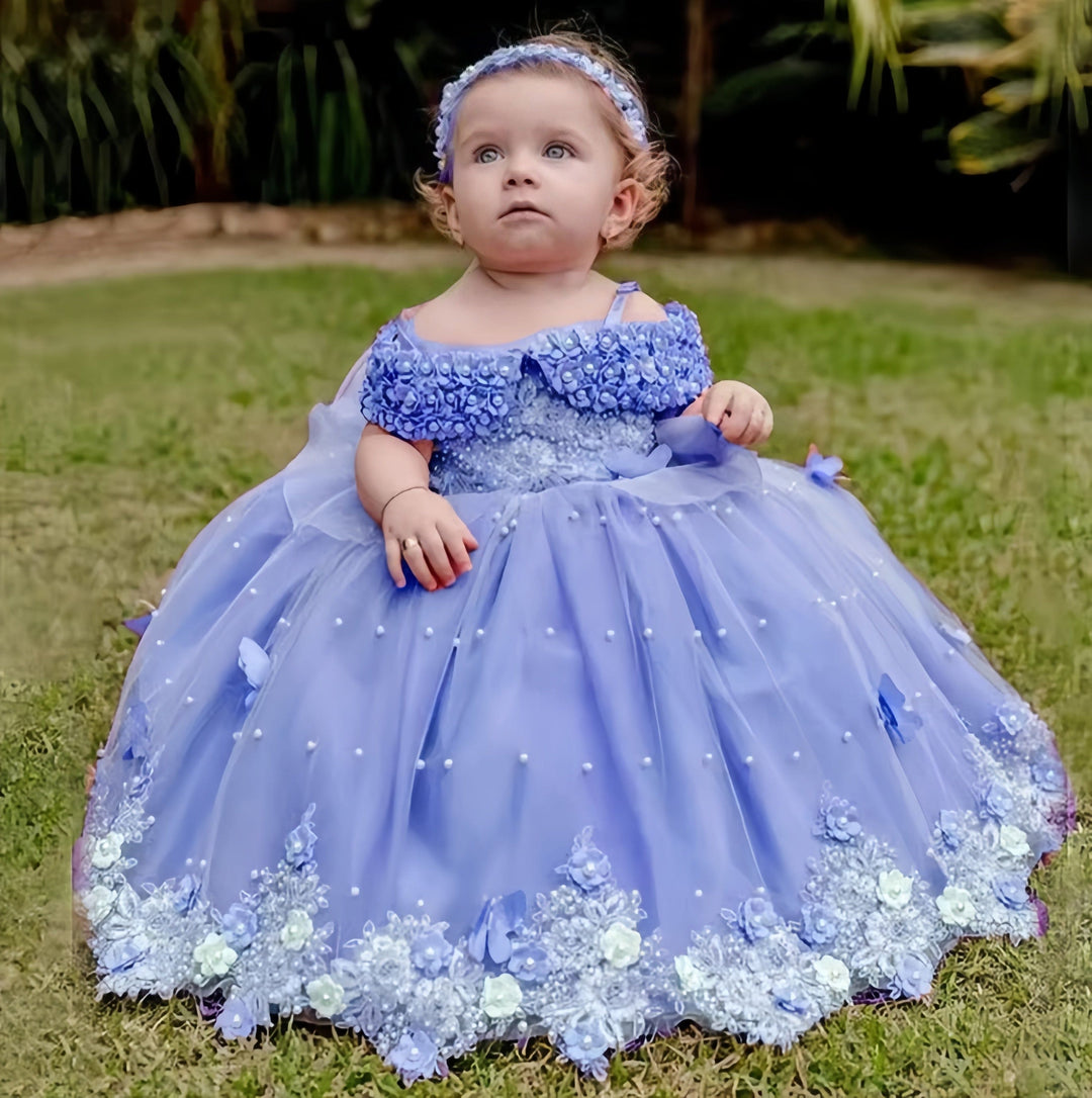 3m / Blue Sunnypetal Exquisite Off-The-Shoulder Flowers Pearls Birthday Party Ball Gown Baby Toddler Girl Dresses