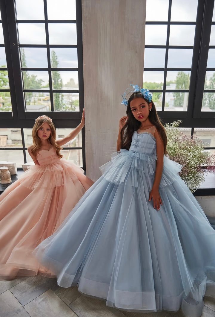 3m / Blue Sunnypetal Heart-Shaped Corset Flower Girl Dress with Tiered Peplum and Cathedral Train