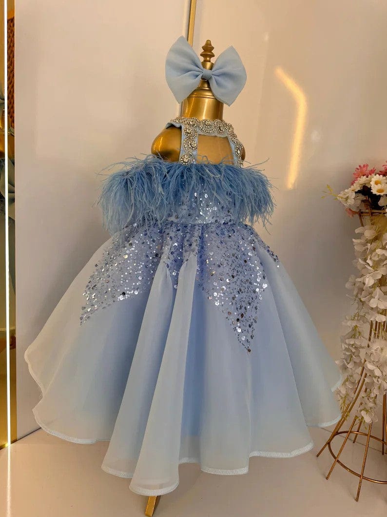 3m / Blue Sunnypetal Red Puffy Feathers Sequin Wedding Pageant Prom Flower Girl Dresses