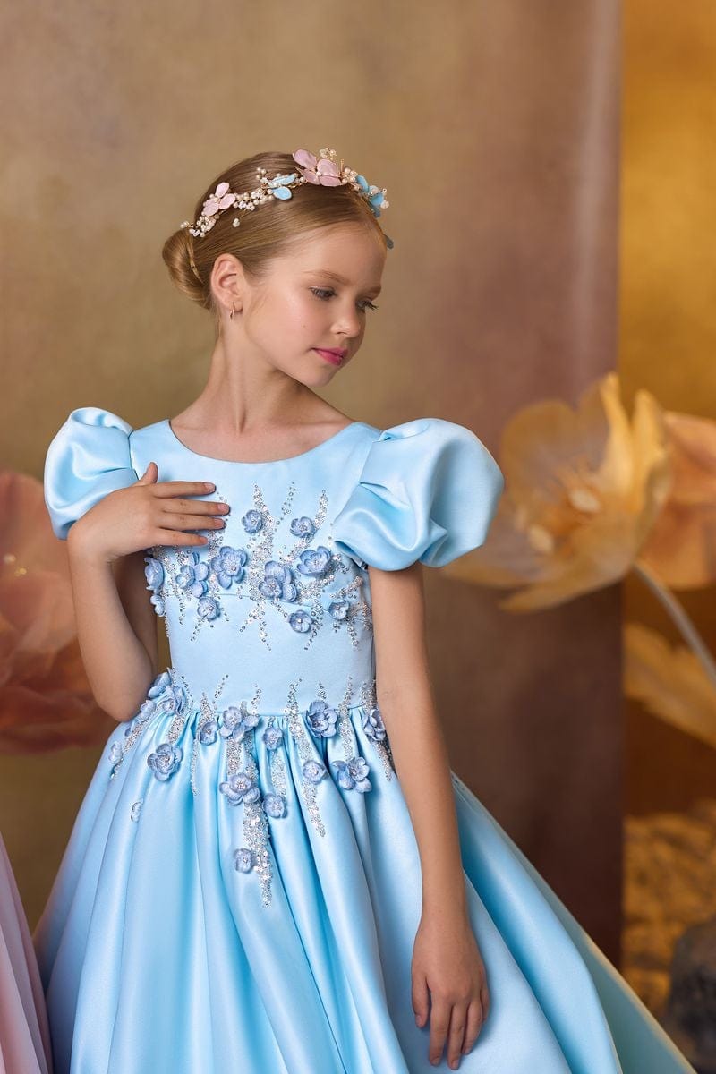 3m / Blue Sunnypetal Royal Blossom Puff-Sleeve Flower Girl Gown with Elegant Train
