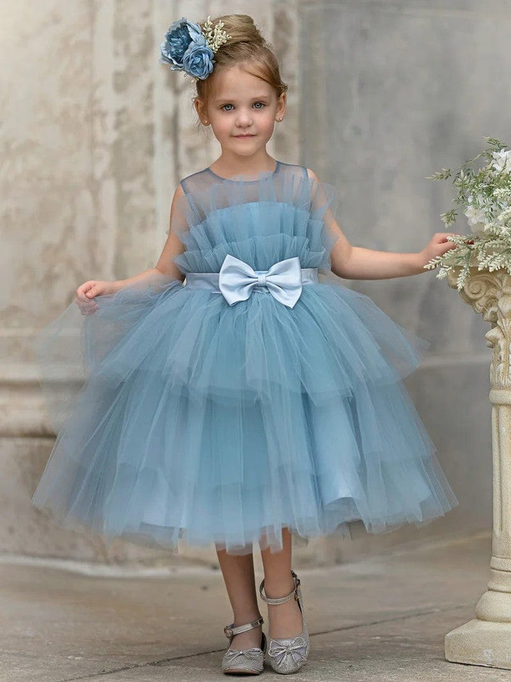 3m / Blue Sunnypetal Sleeveless Puffy Tulle Ball-Gown Knee-Length Flower Girl Dress