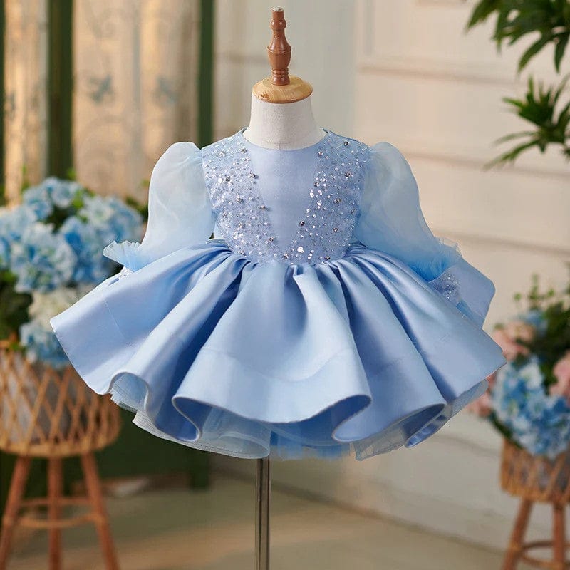 3m / Blue Sunnypetal Tulle Long Sleeves Sequins Knee-Length Satin Baby Toddler Girl Dresses with Bow