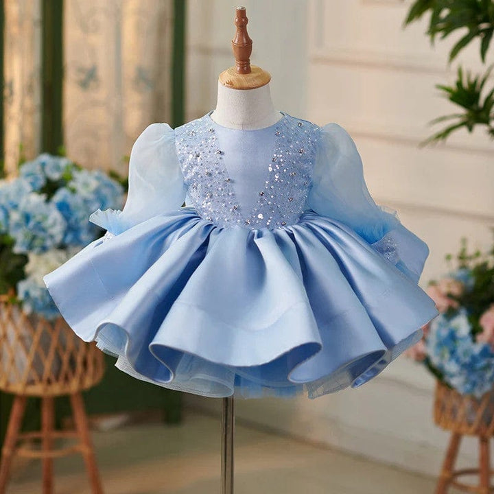 3m / Blue Sunnypetal Tulle Long Sleeves Sequins Knee-Length Satin Baby Toddler Girl Dresses with Bow