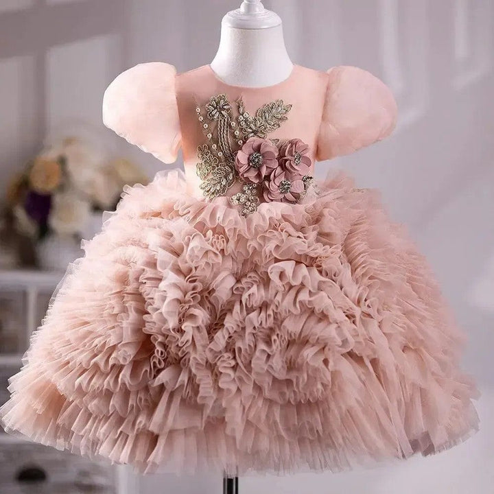 3m / Blush Pink Sunnypetal Blush Pink Ruffled Tulle Flower Girl Dress Hand Flower Pearls Ball Gown