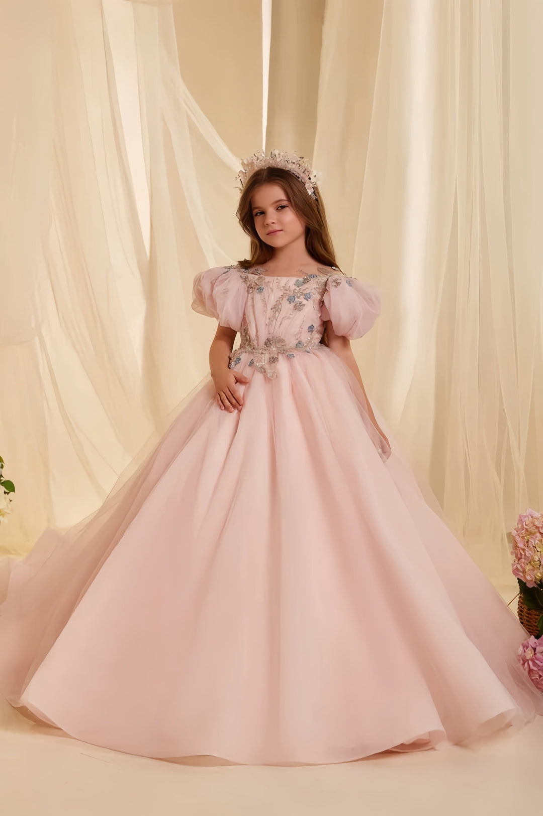 3m / Blush Pink Sunnypetal Elegant Blush Pink Puff Sleeve Embroidered Tulle Flower Girl Dress