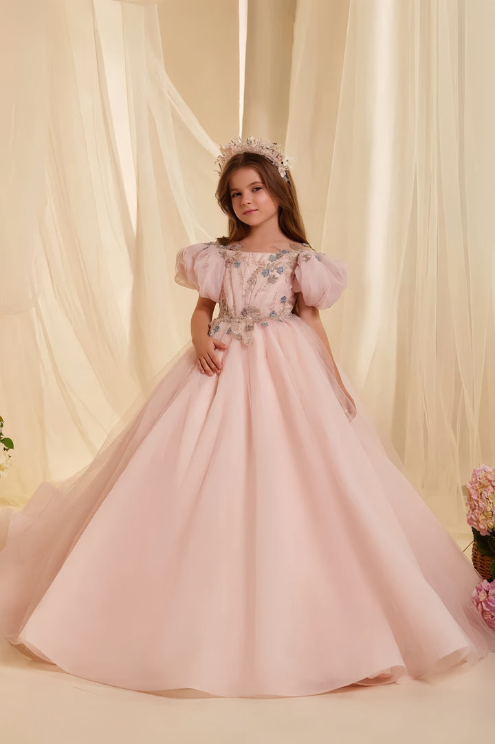 3m / Blush Pink Sunnypetal Elegant Blush Pink Puff Sleeve Embroidered Tulle Flower Girl Dress