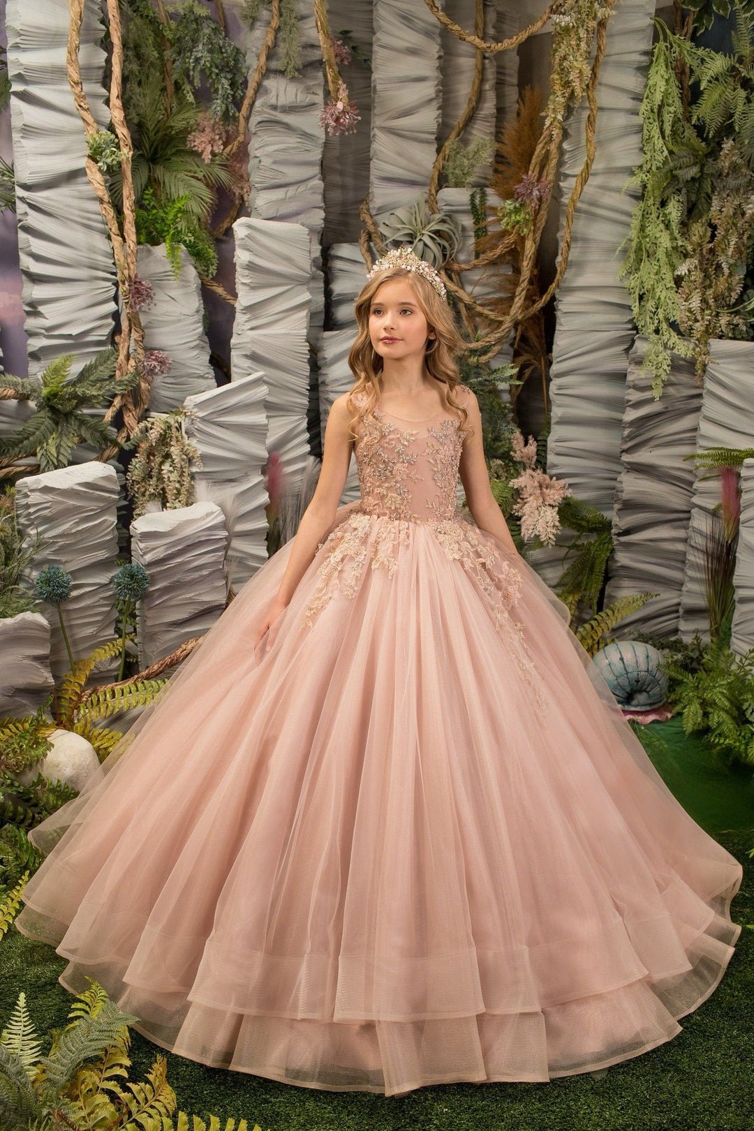 3m / Blush Pink Sunnypetal Ethereal Blush Pink Floral Appliqués Layered Tulle Elegance Princess Gown