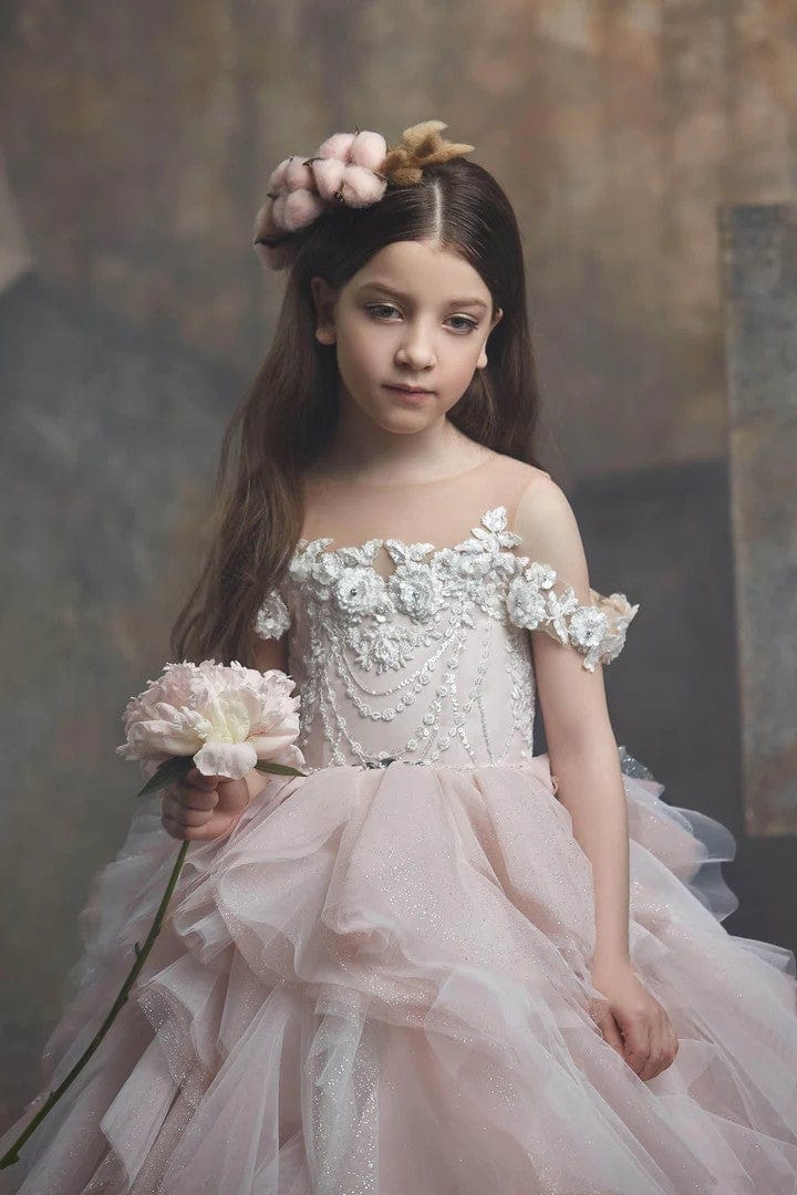 3m / Blush Pink Sunnypetal Exquisite Off Shoulder Floral Ruffles Ball Gown Flower Girl Dress
